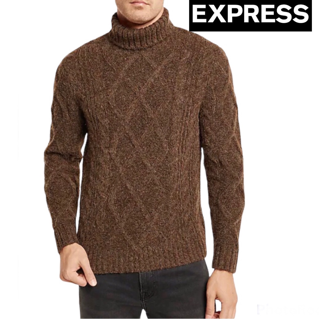 Express Wool Cable Knit Turtleneck Sweater Brown Xl